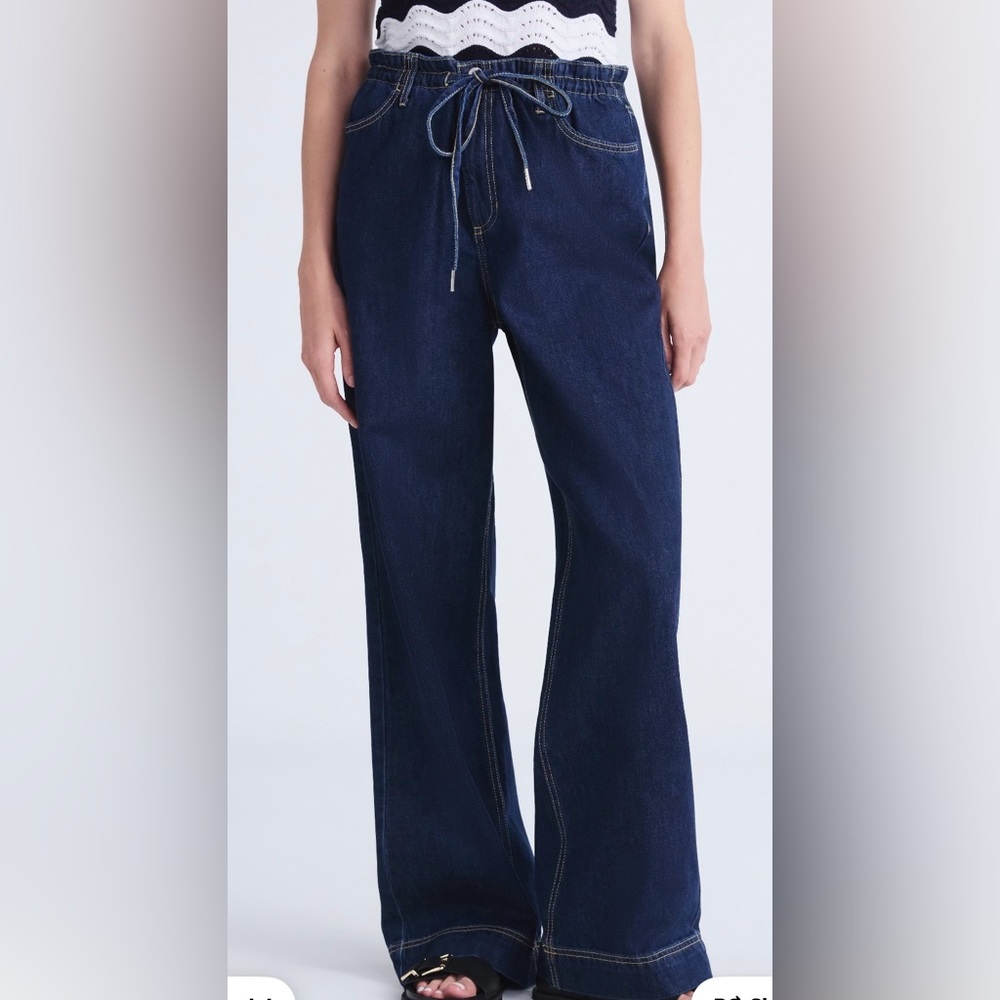 High-Rise Wide Leg Jeans with Drawstring Waist - Dark Blue